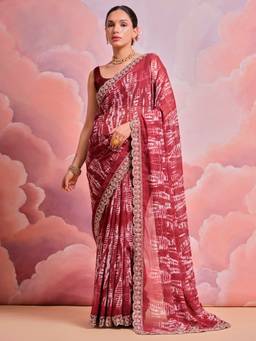 Akhilam - Women's Georgette Maroon Embroidered Designer Saree with Unstitched Blouse