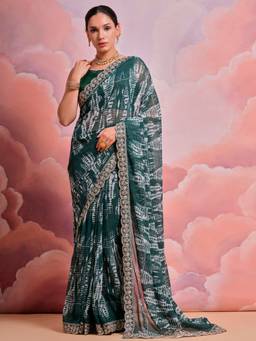 Akhilam - Women's Georgette Green Embroidered Designer Saree with Unstitched Blouse