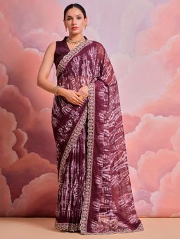 Akhilam - Women's Georgette Wine Embroidered Designer Saree with Unstitched Blouse