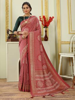 Akhilam - Women's Dola Silk Rust Printed Designer Saree with Unstitched Blouse
