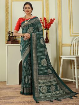 Akhilam - Women's Dola Silk Green Printed Designer Saree with Unstitched Blouse