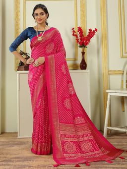 Akhilam - Women's Dola Silk Pink Printed Designer Saree with Unstitched Blouse