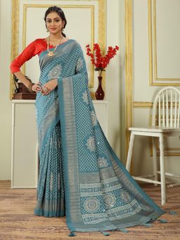 Akhilam - Women's Blue Dola Silk Printed Designer Saree with Unstitched Blouse