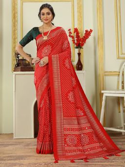 Akhilam - Women's Dola Silk Red Printed Designer Saree with Unstitched Blouse