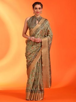 Sareemall - Women's Dola Silk Olive Printed Designer Saree with Unstitched Blouse