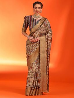 Sareemall - Women's Dola Silk Cream Printed Designer Saree with Unstitched Blouse