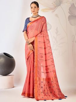 Akhilam - Women's Cotton Blend Rose Gold Woven Designer Saree with Unstitched Blouse