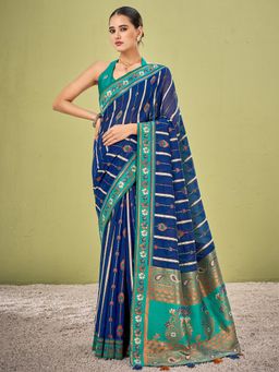 Akhilam - Women's Cotton Blend Navy Blue Woven Designer Saree with Unstitched Blouse
