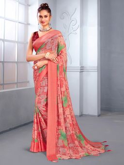 Akhilam - Women's Georgette Peach Printed Designer Saree with Unstitched Blouse