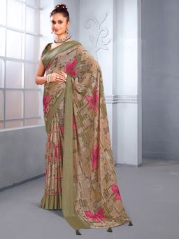 Akhilam - Women's Georgette Olive Printed Designer Saree with Unstitched Blouse