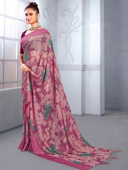 Akhilam - Women's Georgette Burgundy Printed Designer Saree with Unstitched Blouse