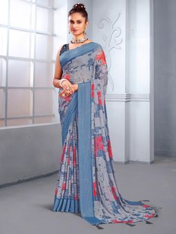 Akhilam - Women's Blue Georgette Printed Designer Saree with Unstitched Blouse