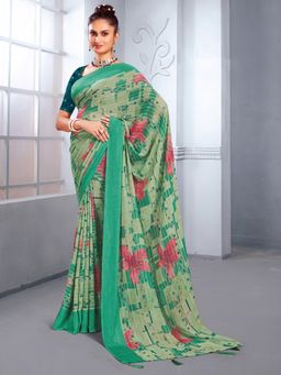 Akhilam - Women's Georgette Sea Green Printed Designer Saree with Unstitched Blouse