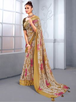 Akhilam - Women's Georgette Mustard Printed Designer Saree with Unstitched Blouse