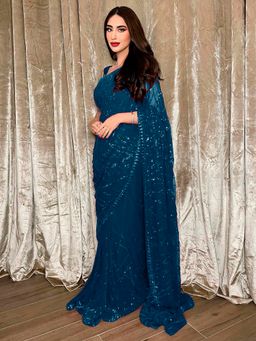 Akhilam - Women's Georgette Teal Embellished Designer Saree with Unstitched Blouse