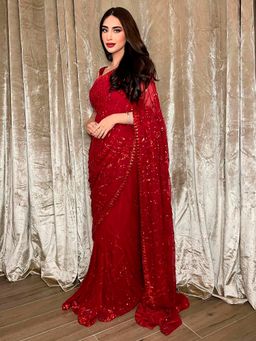 Akhilam - Women's Georgette Red Embellished Designer Saree with Unstitched Blouse