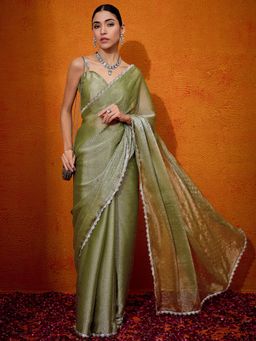 Akhilam - Women's Organza Olive Embellished Designer Saree with Unstitched Blouse