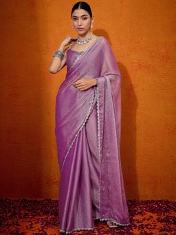 Akhilam - Women's Organza Purple Embellished Designer Saree with Unstitched Blouse