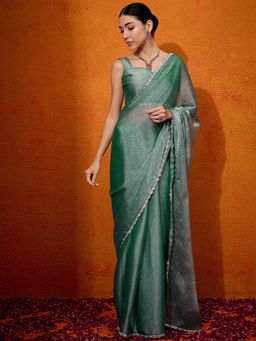 Akhilam - Women's Organza Green Embellished Designer Saree with Unstitched Blouse