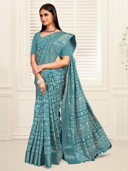 Akhilam - Women's Dola Silk Turquoise Printed Designer Saree with Unstitched Blouse
