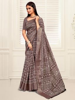 Akhilam - Women's Dola Silk Brown Printed Designer Saree with Unstitched Blouse