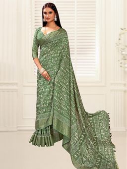 Akhilam - Women's Dola Silk Green Printed Designer Saree with Unstitched Blouse