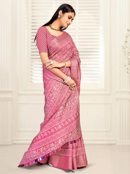 Akhilam - Women's Dola Silk Pink Printed Designer Saree with Unstitched Blouse