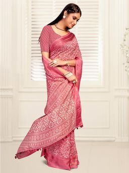Akhilam - Women's Dola Silk Rose Pink Printed Designer Saree with Unstitched Blouse