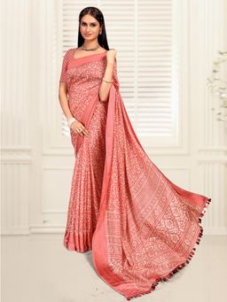 Akhilam - Women's Dola Silk Peach Printed Designer Saree with Unstitched Blouse