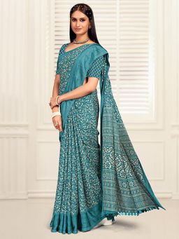 Akhilam - Women's Dola Silk Teal Printed Designer Saree with Unstitched Blouse