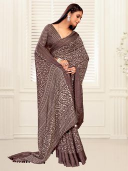 Akhilam - Women's Dola Silk Brown Printed Designer Saree with Unstitched Blouse