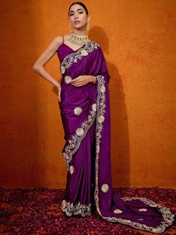 Akhilam - Women's Crepe Purple Embroidered Designer Saree with Unstitched Blouse