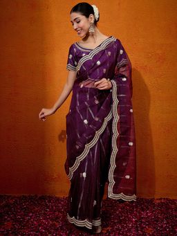 Akhilam - Women's Organza Purple Embroidered Designer Saree with Unstitched Blouse