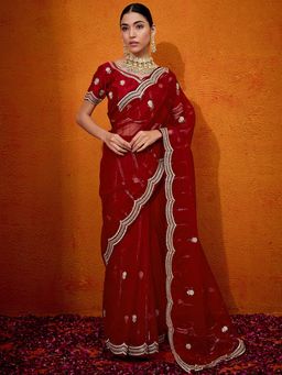 Akhilam - Women's Organza Red Embroidered Designer Saree with Unstitched Blouse