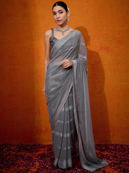 Akhilam - Women's Chiffon Grey Embellished Designer Saree with Unstitched Blouse