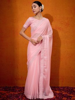 Akhilam - Women's Chiffon Pink Embellished Designer Saree with Unstitched Blouse