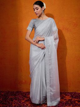 Akhilam - Women's Chiffon Grey Embellished Designer Saree with Unstitched Blouse