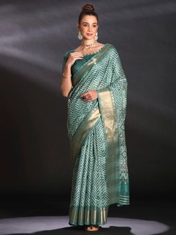 Sareemall - Women's Art Silk Sea Green Printed Designer Saree with Unstitched Blouse