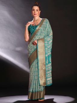 Sareemall - Women's Art Silk Turquoise Printed Designer Saree with Unstitched Blouse