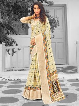 Akhilam - Women's Moonga Silk Yellow Printed Designer Saree with Unstitched Blouse