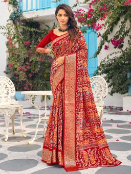 Akhilam - Women's Moonga Silk Red Printed Designer Saree with Unstitched Blouse
