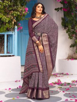 Akhilam - Women's Moonga Silk Purple Printed Designer Saree with Unstitched Blouse
