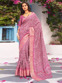 Akhilam - Women's Moonga Silk Pink Printed Designer Saree with Unstitched Blouse