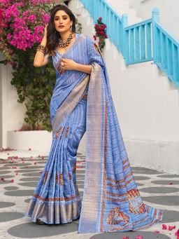 Akhilam - Women's Blue Moonga Silk Printed Designer Saree with Unstitched Blouse