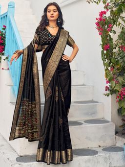 Akhilam - Women's Moonga Silk Black Printed Designer Saree with Unstitched Blouse