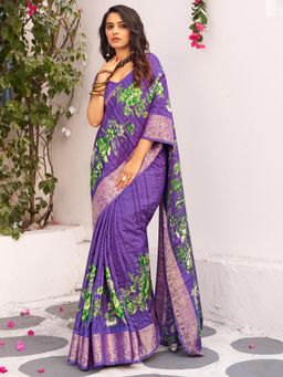 Akhilam - Women's Moonga Silk Purple Printed Designer Saree with Unstitched Blouse