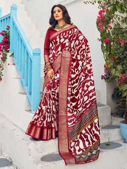 Akhilam - Women's Moonga Silk Maroon Printed Designer Saree with Unstitched Blouse