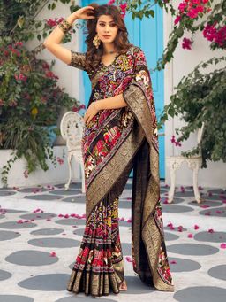 Akhilam - Women's Moonga Silk Multi-Color Printed Designer Saree with Unstitched Blouse