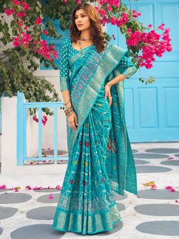 Akhilam - Women's Moonga Silk Turquoise Printed Designer Saree with Unstitched Blouse