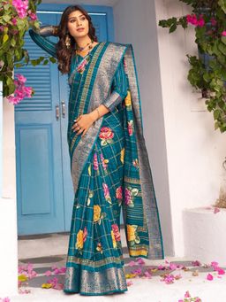 Akhilam - Women's Moonga Silk Teal Printed Designer Saree with Unstitched Blouse